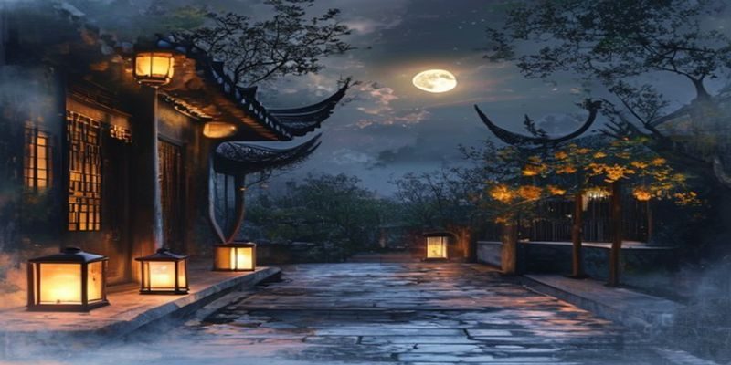 无颜之月主视觉——月色朦胧的古典庭院，石灯笼散发暖光，远处月亮被薄云遮掩，营造出悬疑与情感交织的氛围