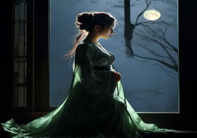 无颜之月女主角侧影，身着淡绿色长裙立于窗前，月光洒落其肩，神情若有所思