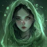 无颜之月女主角月华的头像插画——淡绿色面纱遮面，眼神深邃而忧郁，周身散发神秘气息