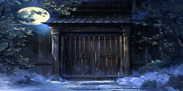 无颜之月序章场景——暮色中的古宅大门，铁锁生锈、门缝透出微光，主角第一次踏入这段悬疑旅程