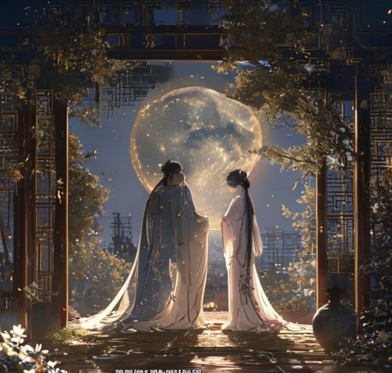 无颜之月真实结局月归CG——月华与林夜在满月夜的庭院中相对而立，月华摘下面纱的瞬间，月光如瀑倾泻，画面色调从冷蓝转为暖金，情感张力达到顶点