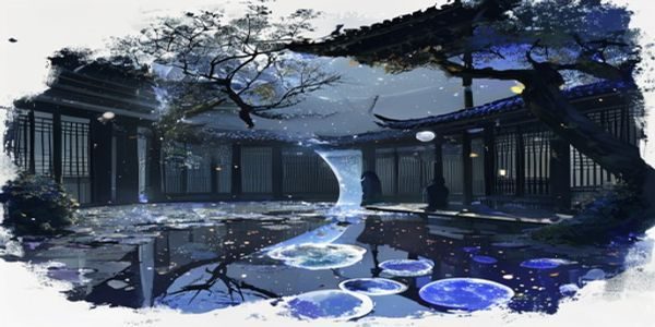 无颜之月第一章场景——月华角色在庭院中独自凝视水面倒影，月亮的倒影被涟漪打碎，象征破碎的记忆