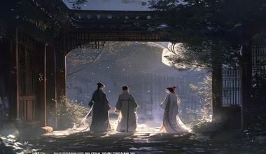 无颜之月第一章相遇CG——月华与林夜在古宅庭院初次相遇，薄雾弥漫，两人相距数步，月光在二人之间投下柔和阴影