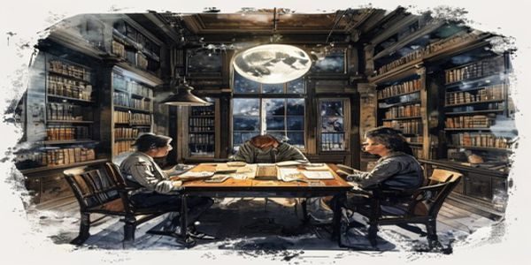 无颜之月第二章场景——书房内两人对坐烛光下，桌上展开一张古旧地图，紧张气氛中透着信任的萌芽